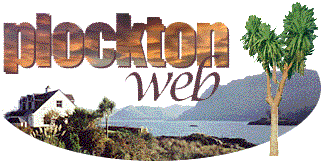 Plockton Web Logo -- a typical white-washed Plockton house, sitting on the edge of Loch Carron with the Duncraig Crags in the background and a palm tree in the foreground.